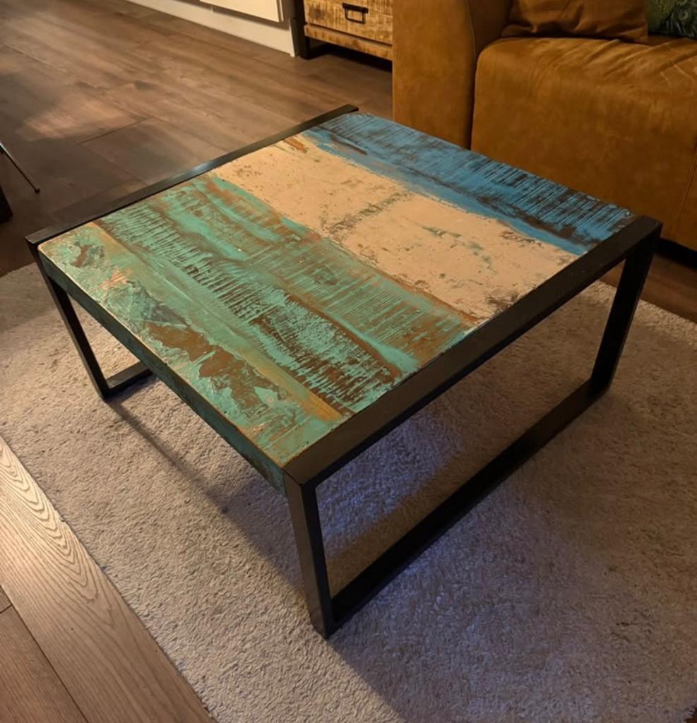 Salontafel met recycle hout blad, Ophalen, 50 tot 100 cm, Vierkant, 50 tot 100 cm