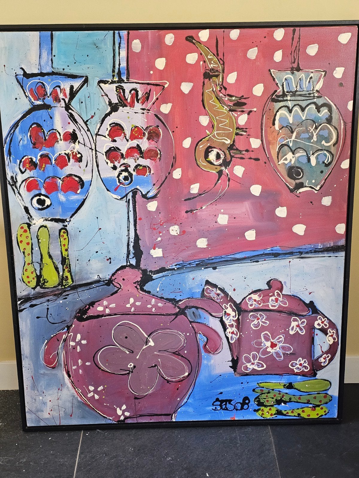 Modern schilderij met theepot, soepterrine en vissen, Ophalen, Acrylverf, Stilleven, Op houten frame