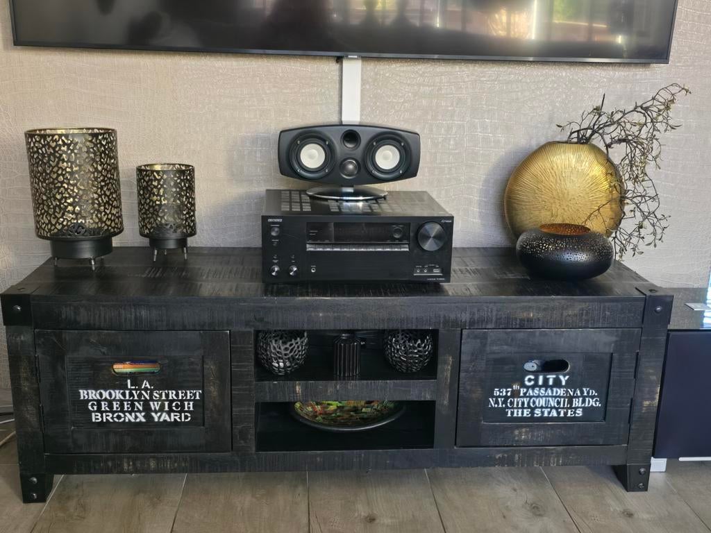 Stoer mangohouten tv-meubel - industrieel design, Overige houtsoorten, Gebruikt, 100 tot 150 cm, Industrieel, Robuust, Landelijk