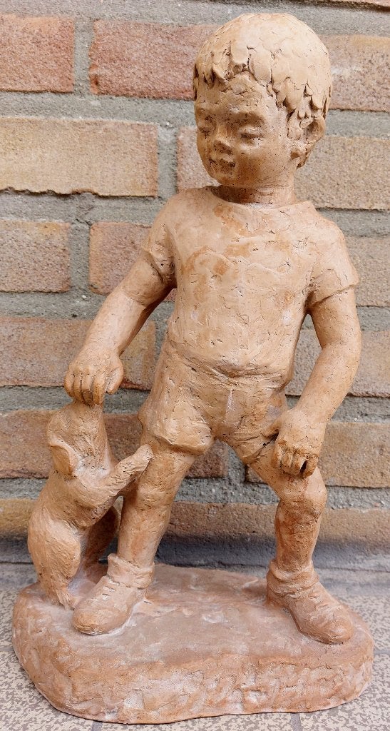 Vintage Beeld Jongen met hond - Austin Prod 1975, Ophalen, Zo goed als nieuw, Mens