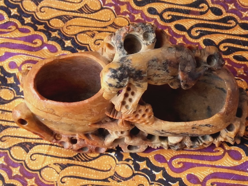 Mooie zware oude Chinese inktpot met aap en vogels 16 cm., Ophalen of Verzenden
