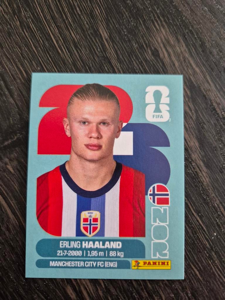 Panini wk 2026 sticker Erling Haaland, Ophalen of Verzenden, Zo goed als nieuw, Buitenlandse clubs, Poster, Plaatje of Sticker