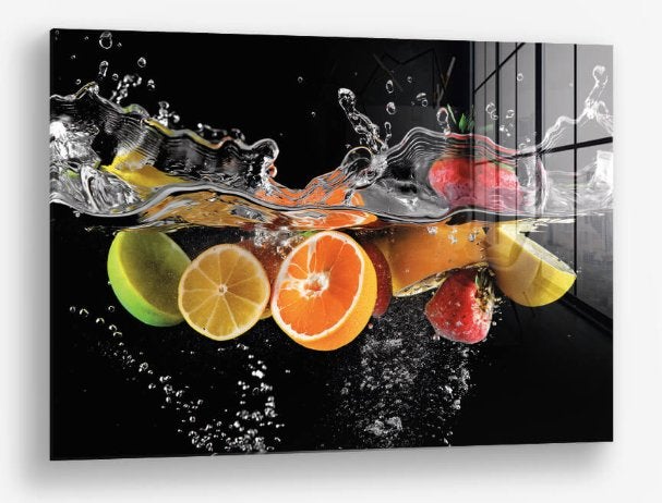 Glasschilderij Fruits Splash 40x60 - Gehard glas, Ophangklaar, Stilleven, Glas, Ophalen of Verzenden