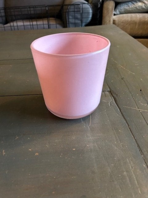 o50 – roze glazen bloempot, doorsnede 13 cm, hoogte 13 cm, Gebruikt, Rond, Ophalen of Verzenden, Aardewerk