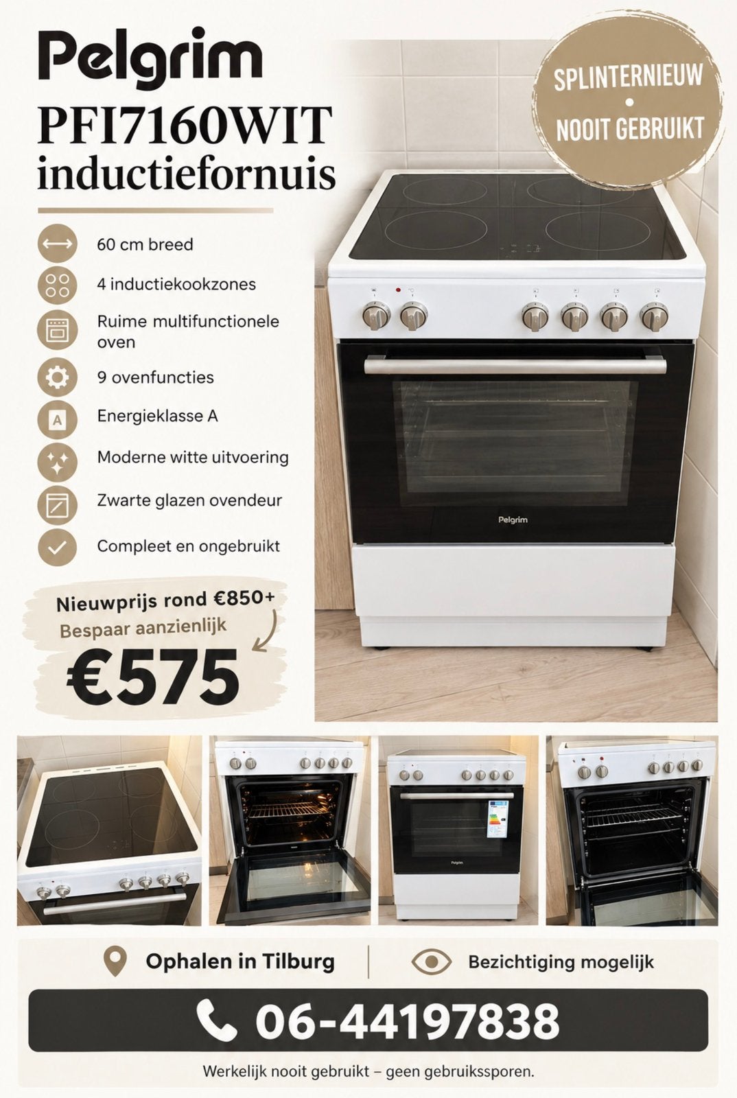Pelgrim PFI7160WIT inductiefornuis, NIEUW!, Ophalen, Nieuw, 4 kookzones, Inductie