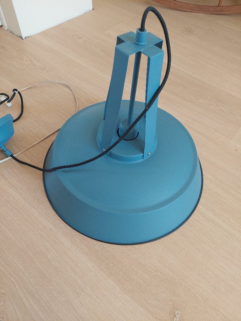 Industrieële groenblauwe metalen hanglamp, Ophalen, E27 (groot), Zo goed als nieuw, Metaal