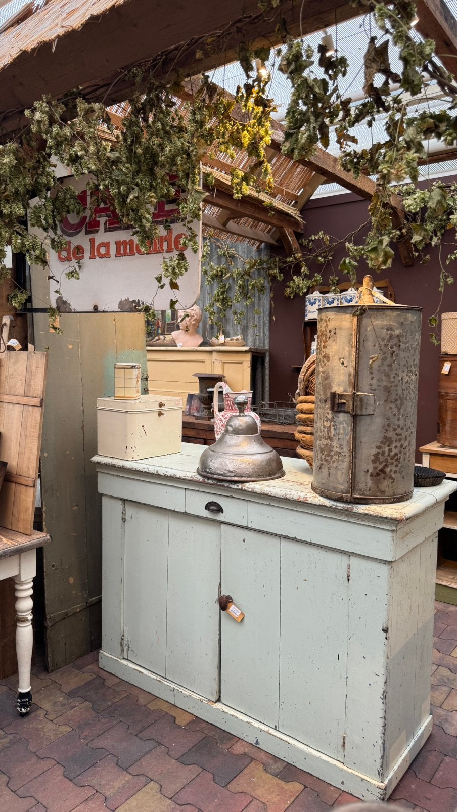 SALE Brocante, toonbank, zacht grijs/groen, 132 b, Ophalen