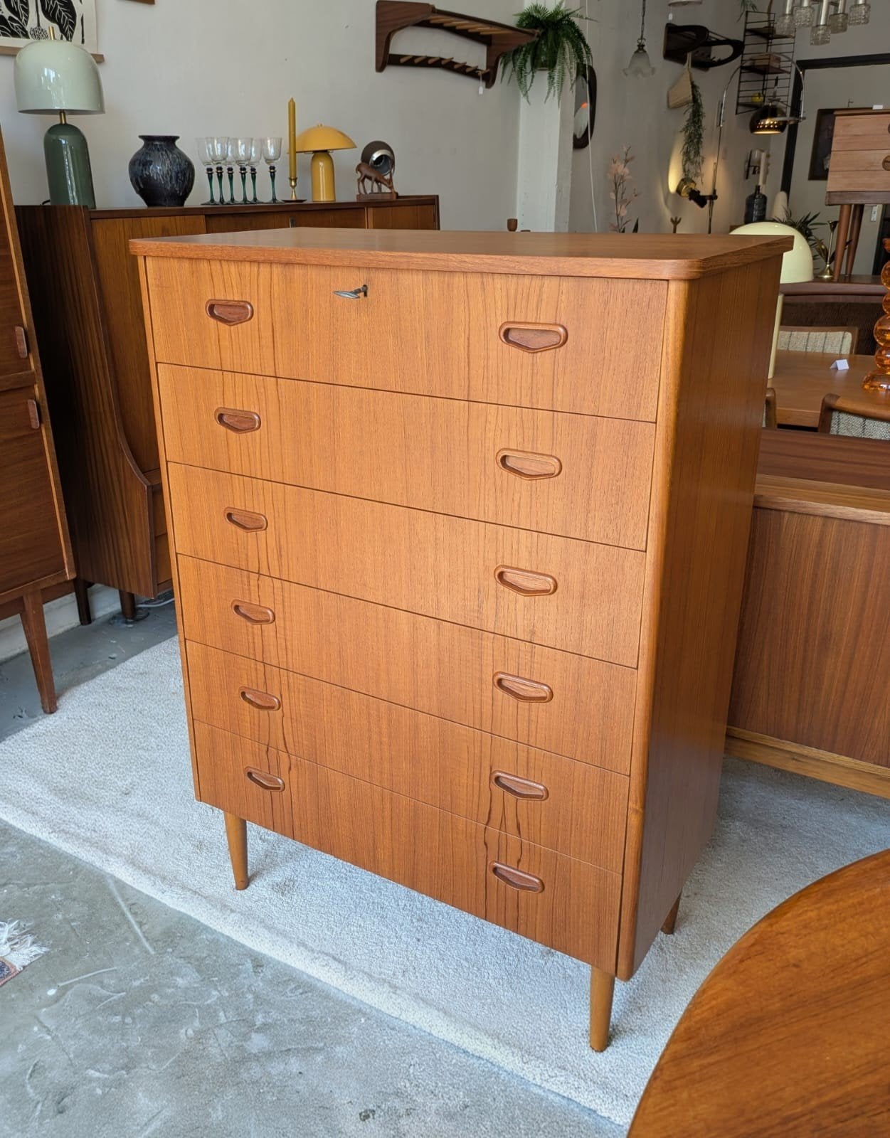 Vintage, Scandinavische teakhouten ladekast, Tallboy, Ophalen, 5 laden of meer, ., 50 tot 100 cm