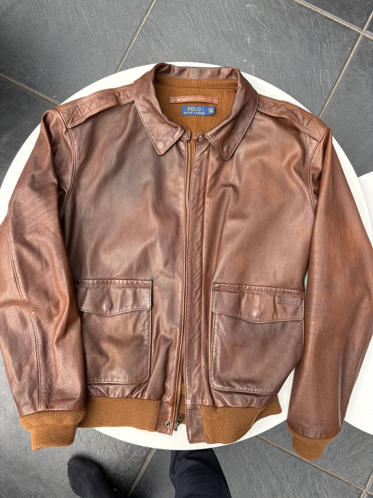 Ralph Lauren Polo leren pilotenjas XL, Kleding | Heren, Ophalen of Verzenden, Zo goed als nieuw, Bruin