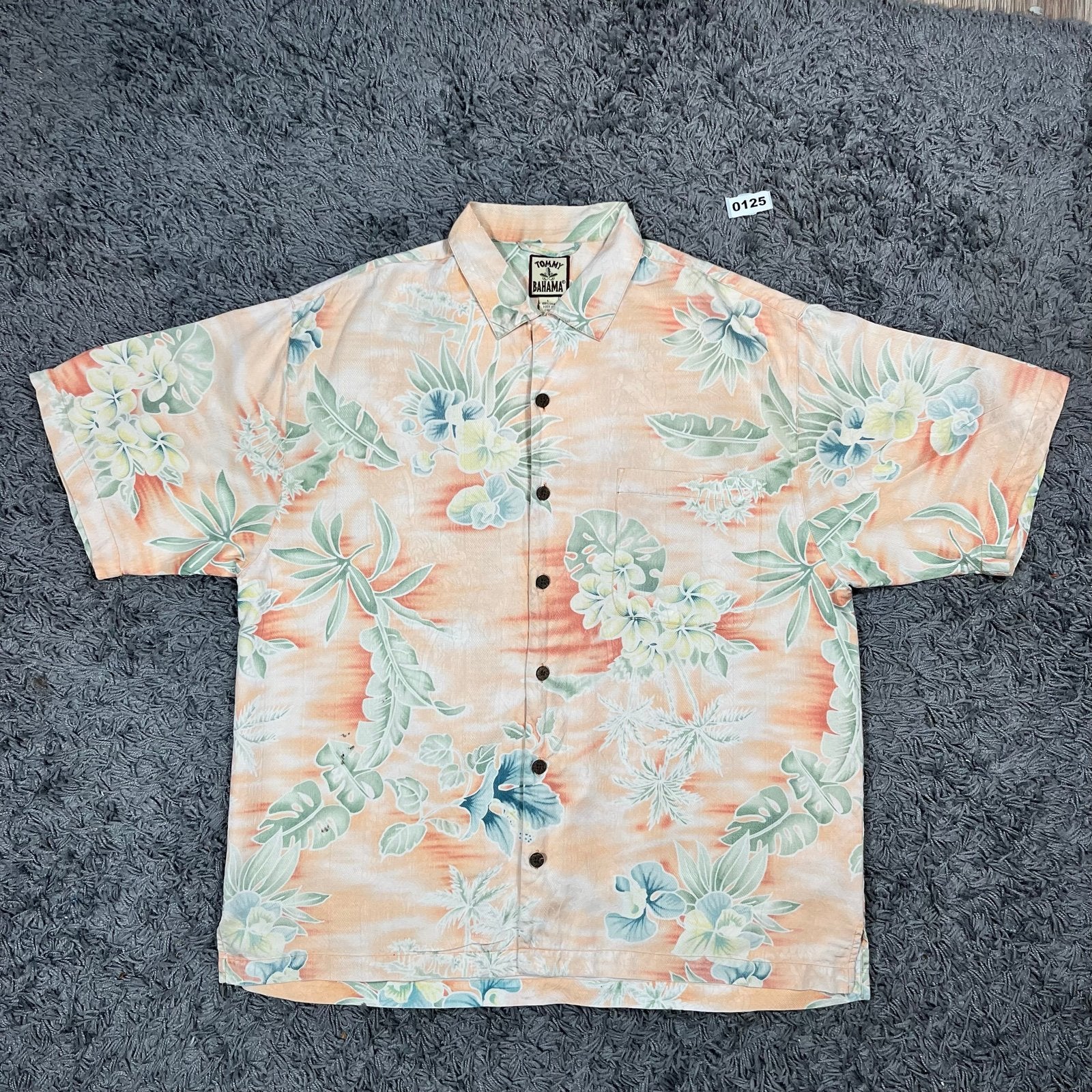 Tommy Bahama Peach Floral Silk Shirt Large Tropical Print, Ophalen of Verzenden, Gedragen, Blauw
