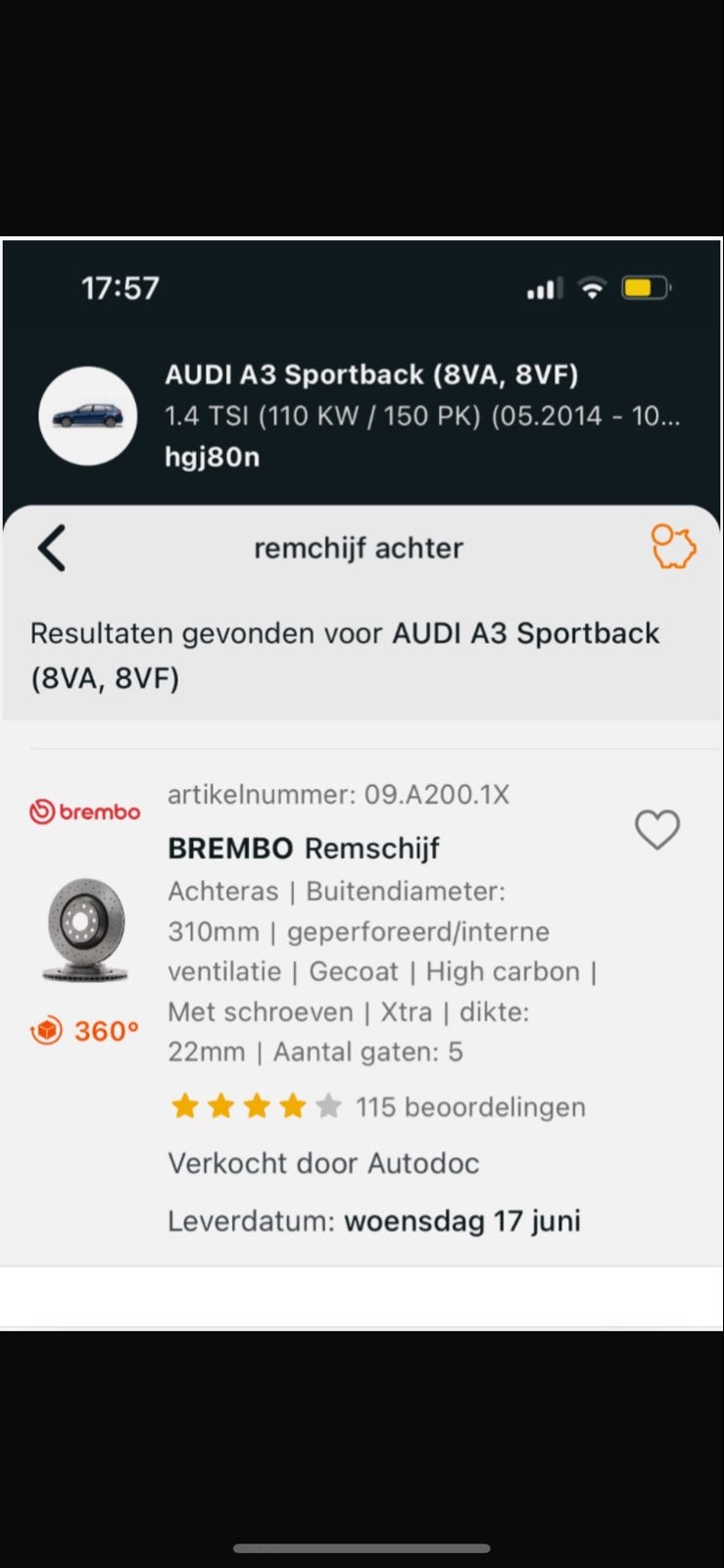 2x Brembo Remschijf Achter Audi A3 Sportback 1.4 TSI, Ophalen, Nieuw, Audi