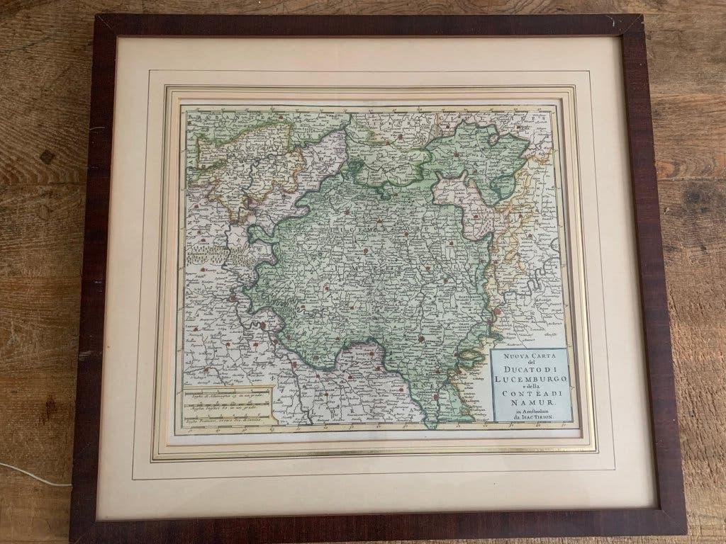 Handgekleurde gravure Luxemburg Ardennen ca 1740 in lijst, Ophalen of Verzenden
