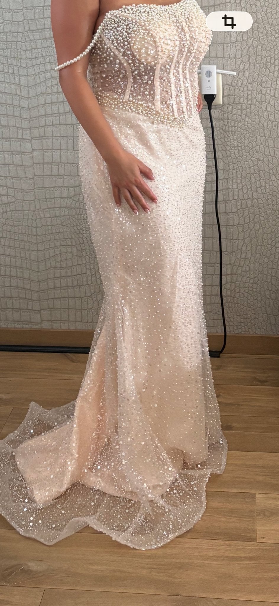 Elegante zeemeermin Avondjurk met Parels en Pailletten, Galajurk, Beige, Maat 42/44 (L), Ophalen of Verzenden