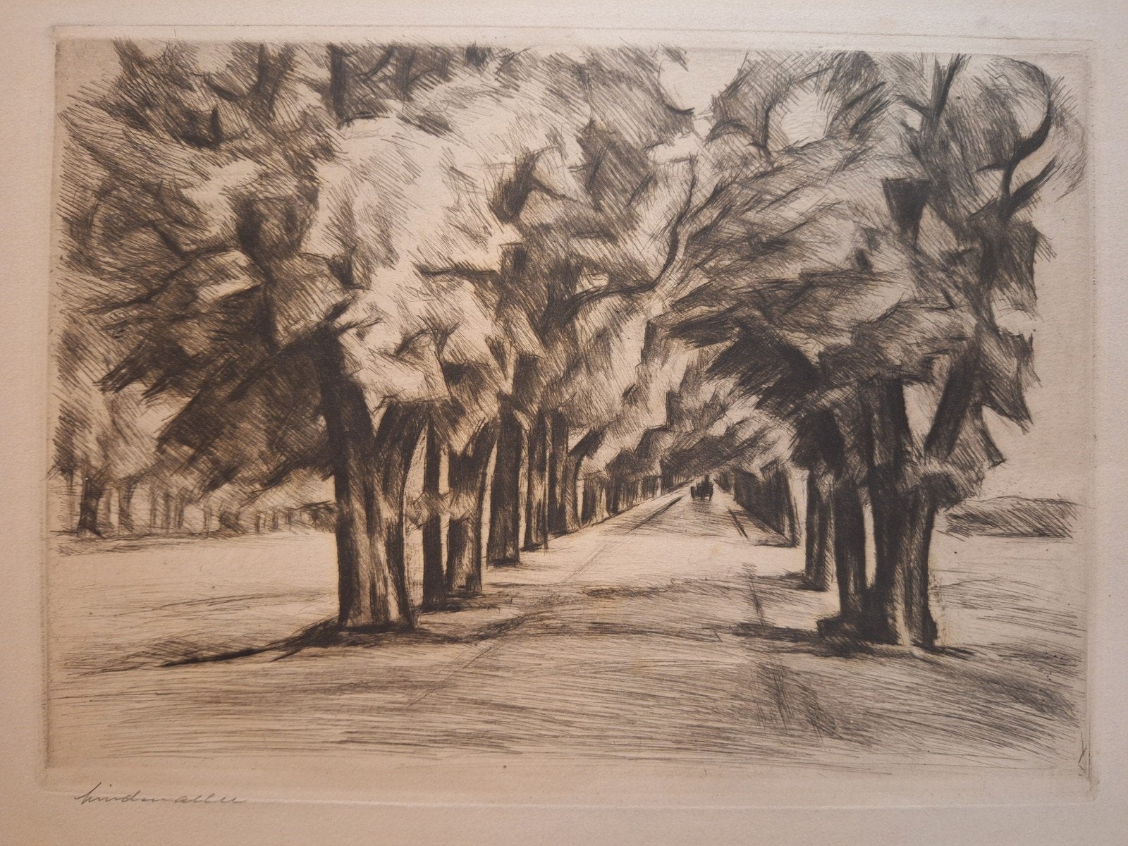 Ets van een Lindebomenlaan, Ets, Ophalen of Verzenden, Origineel, Landschap
