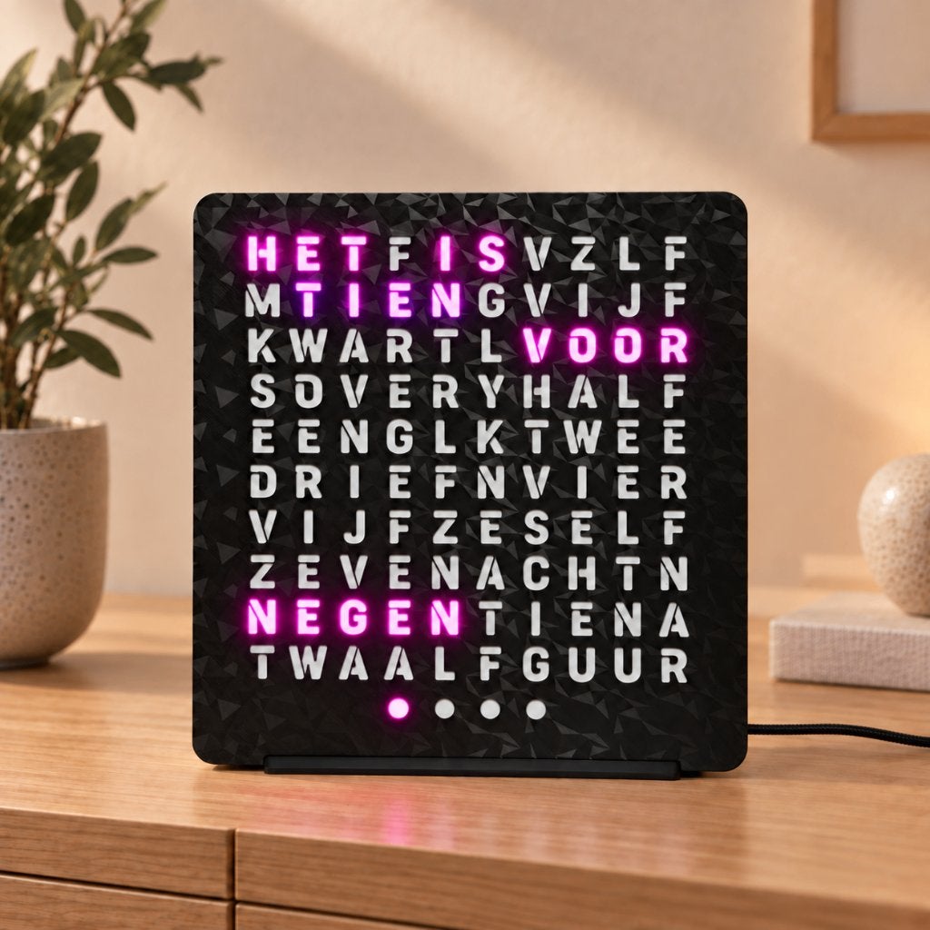 Woordklok in Nederlands, Engels, Frans of Duits - RGB LED, Huis en Inrichting, Verzenden, Nieuw, Analoog en Digitaal, Overige merken