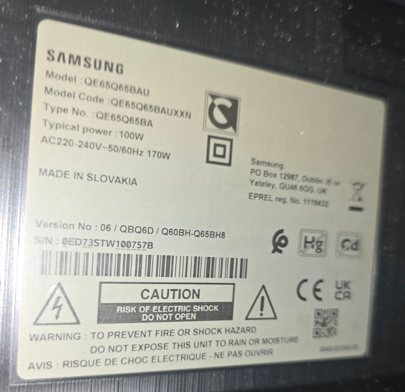 65 inch Samsung Smart TV met gebarsten scherm (defect)