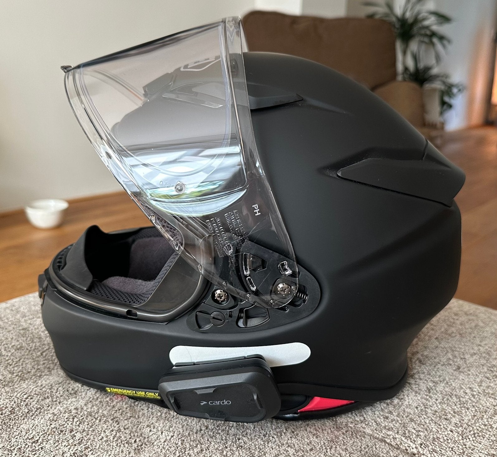 Prachtige Shoei helm XXS - fotochroom vizier en Cardo spirit, Motoren, Ophalen, XXS, Integraalhelm, Shoei