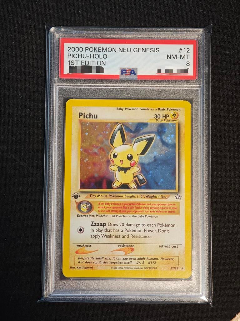 Pichu Neo Genesis 1st Edition PSA 8 - Zeldzame Pokémon Kaart, Ophalen, Zo goed als nieuw, Losse kaart, Foil