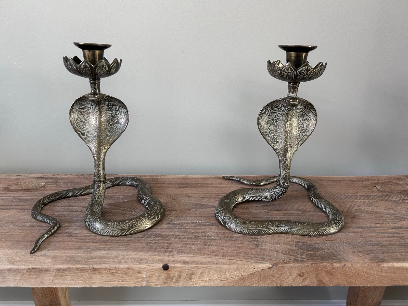 Set Vintage Messing Cobra Slang Kandelaar - Jaren '70, Ophalen of Verzenden, Koper of Brons