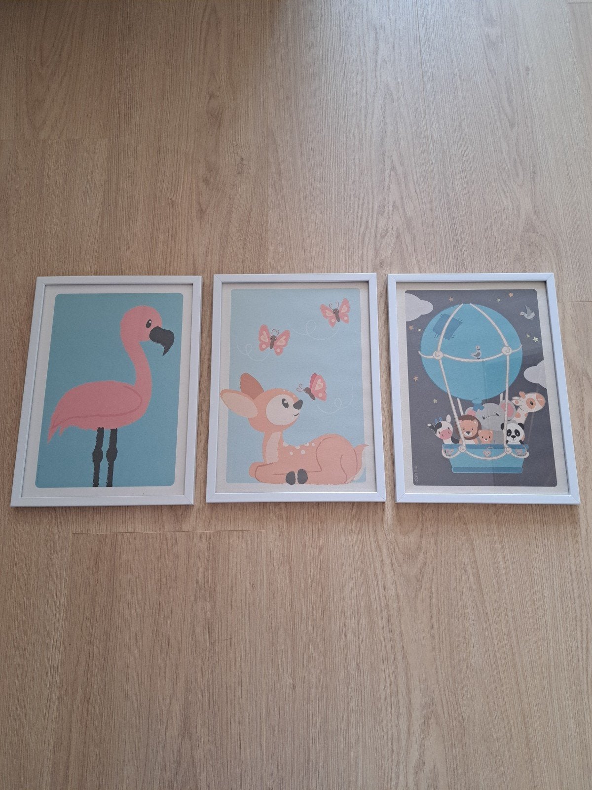 Set van 3 ingelijste kinderposters: Hertje, Flamingo, Dieren, Minder dan 50 cm, Gebruikt, Ophalen of Verzenden, Print