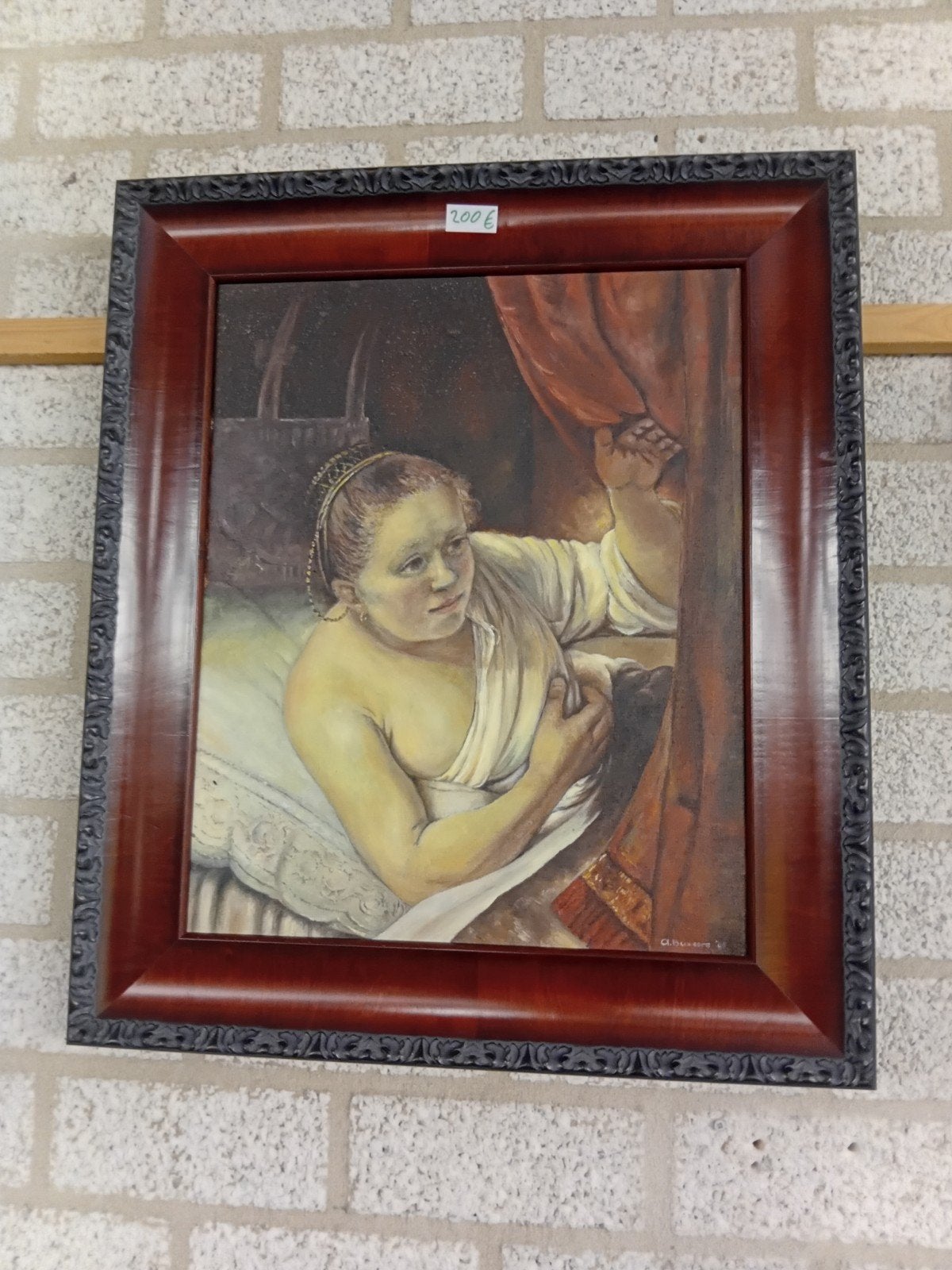 Klassiek olieverfschilderij: Vrouw bij gordijn, Ophalen
