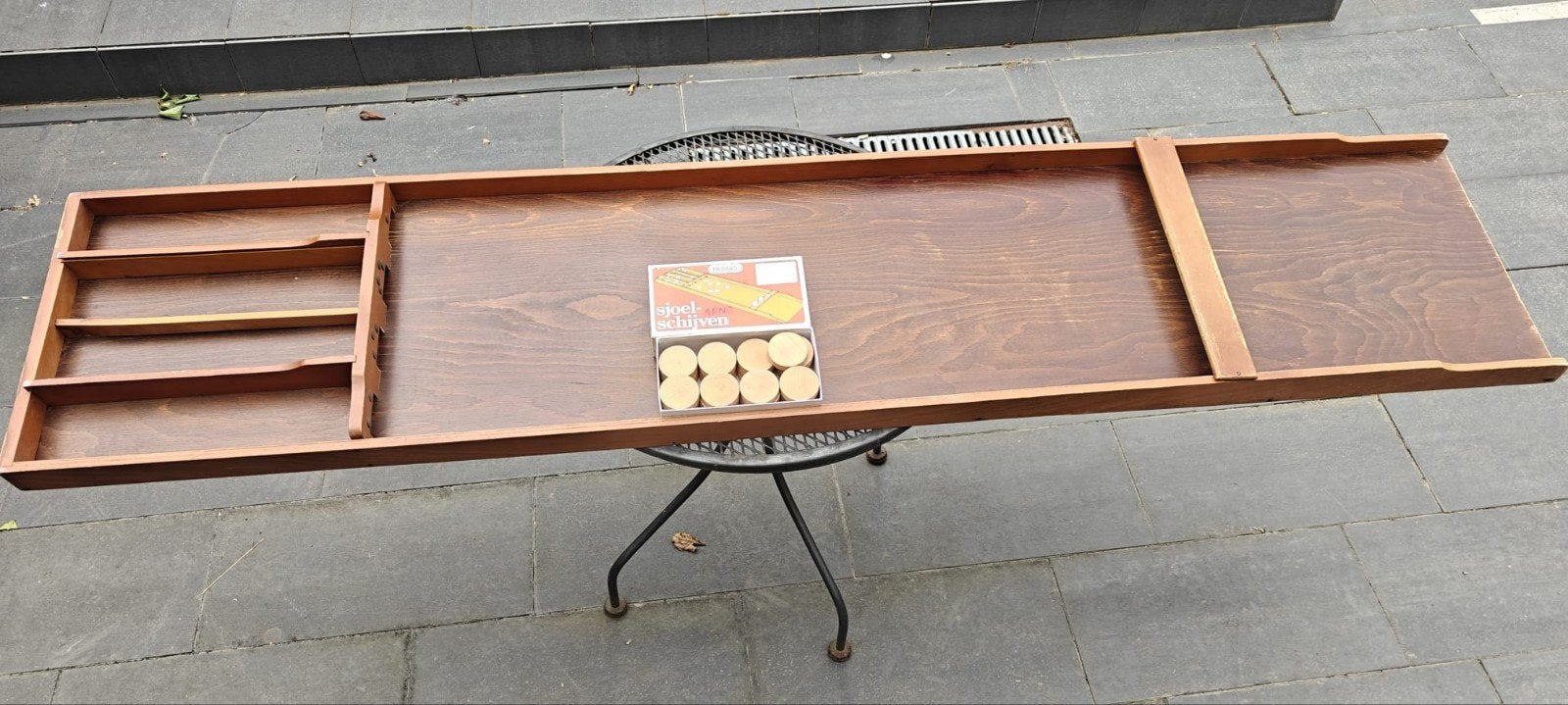 Sjoelbak 199x41,5 cm met 30 wedstrijdsjoelstenen, Een of twee spelers, Ophalen, Gebruikt