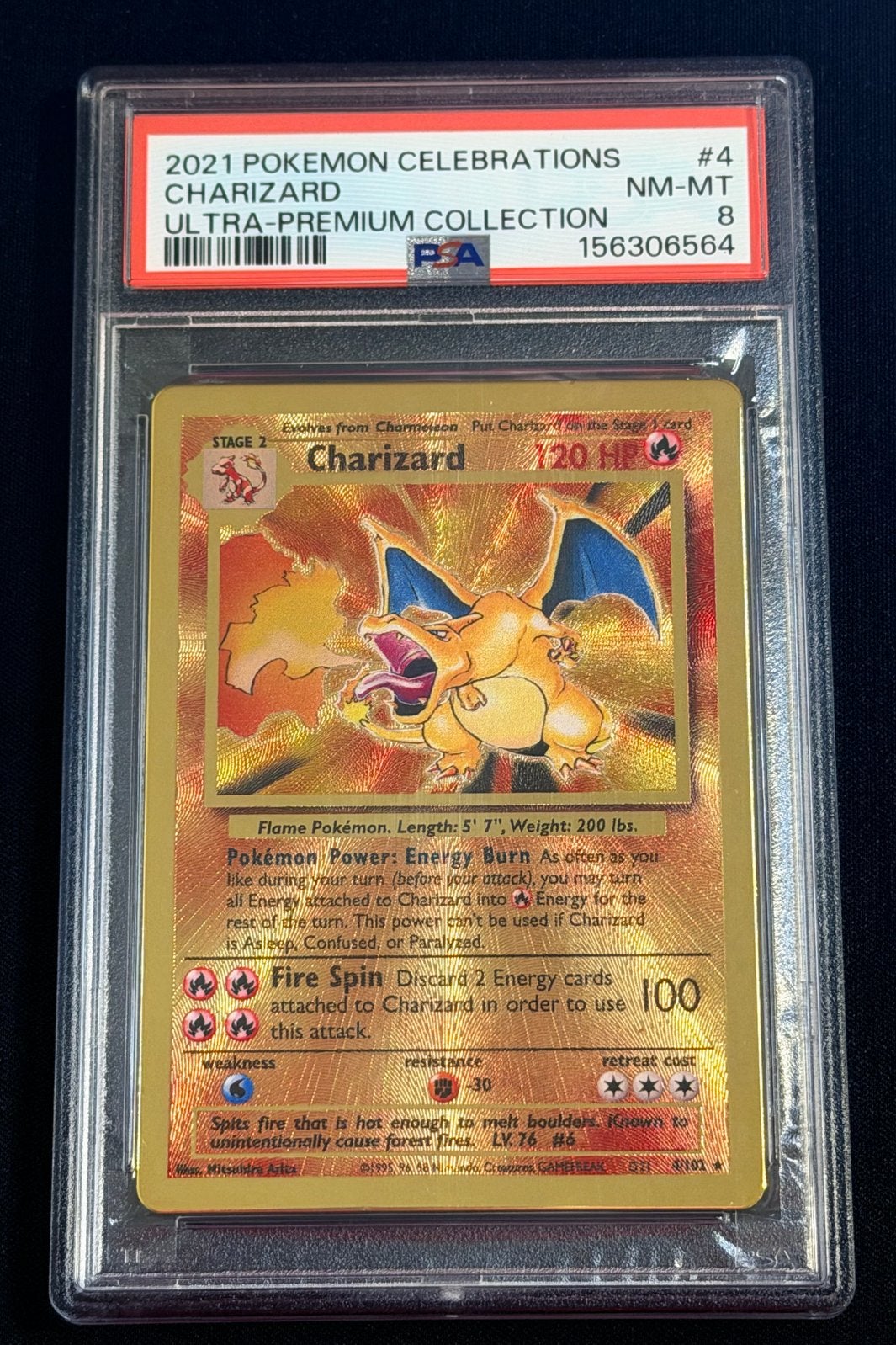 Charizard #4 Celebrations PSA 8 ultra premium collection, Ophalen of Verzenden, Zo goed als nieuw, Losse kaart