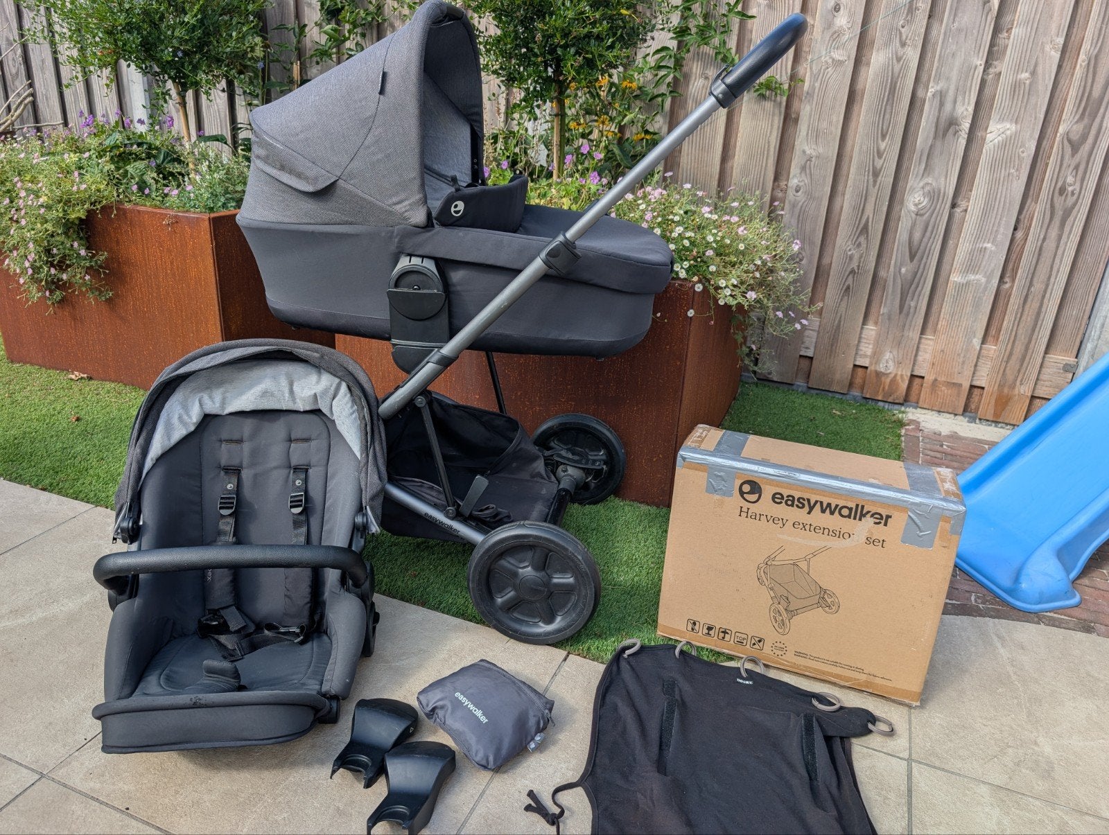 Easywalker Harvey 2 Duowagen met reiswieg en zitjes, Gebruikt, Combiwagen, Verstelbare duwstang, Ophalen