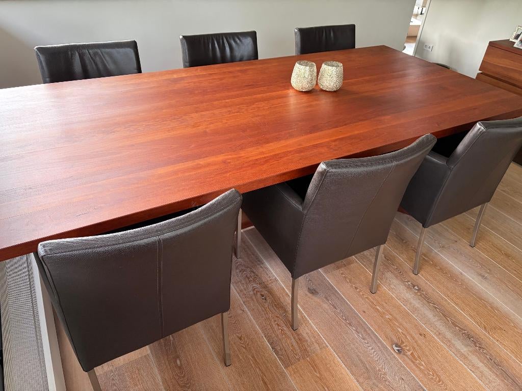 6 stijlvolle bruine leren eetkamerstoelen, Ophalen, Gebruikt, Bruin, Modern