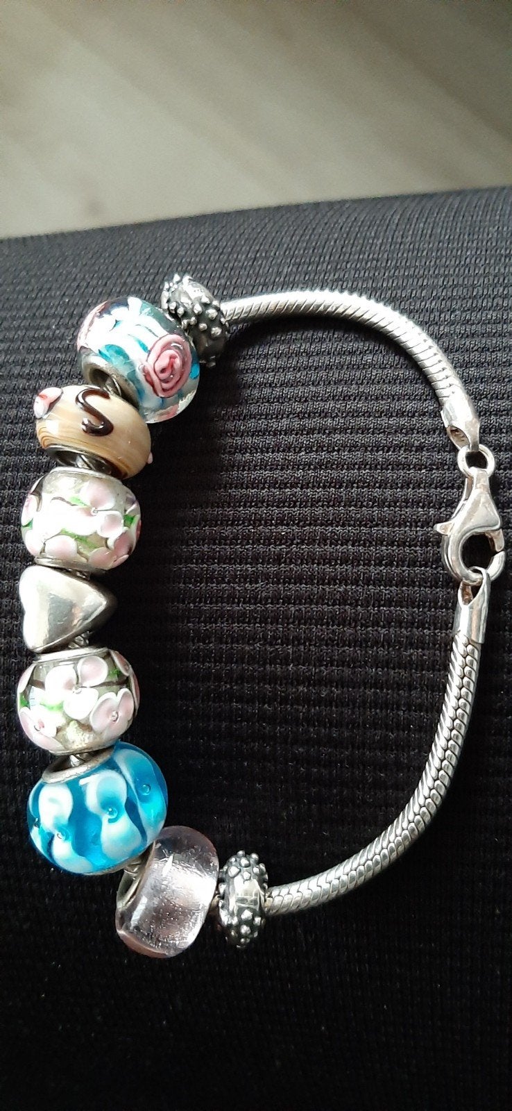 Zilveren Pandora armband met 9 bedels /stenen kralen, Sieraden, Tassen en Uiterlijk, Bedels, Pandora, Ophalen of Verzenden, Zo goed als nieuw