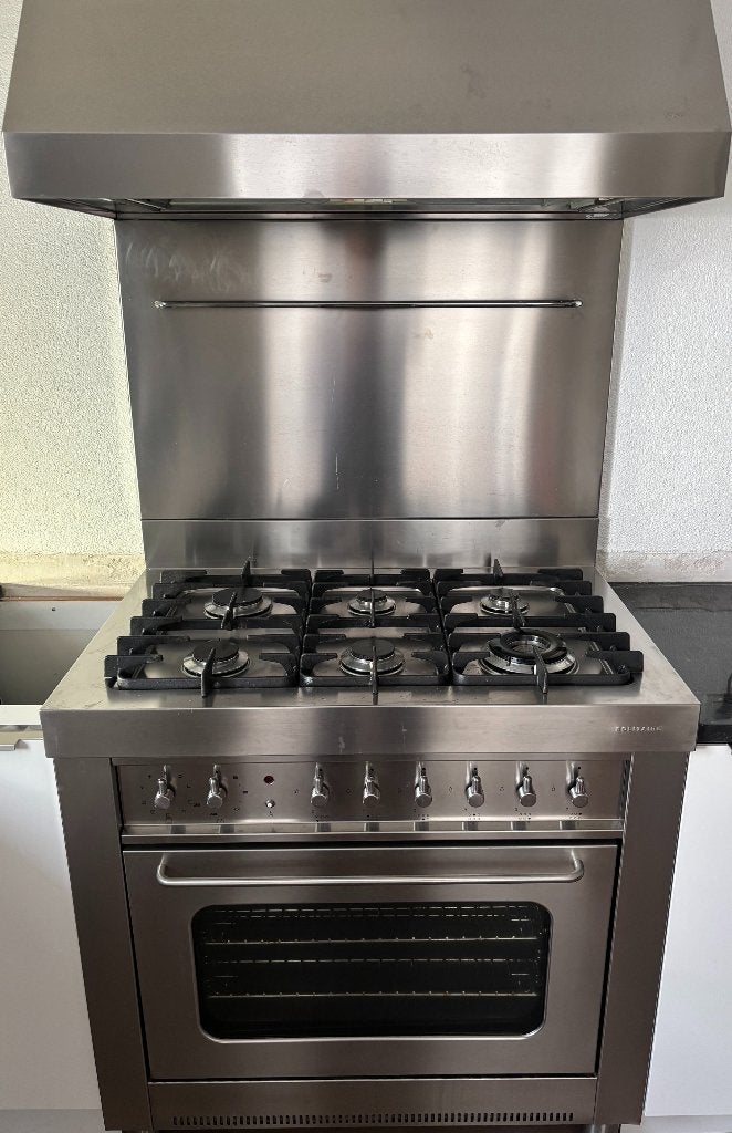 Bosch Solitaire Fornuis (6-pits), RVS Achterwand & Afzuigkap, Ophalen, Gebruikt, 60 cm of meer, Gas
