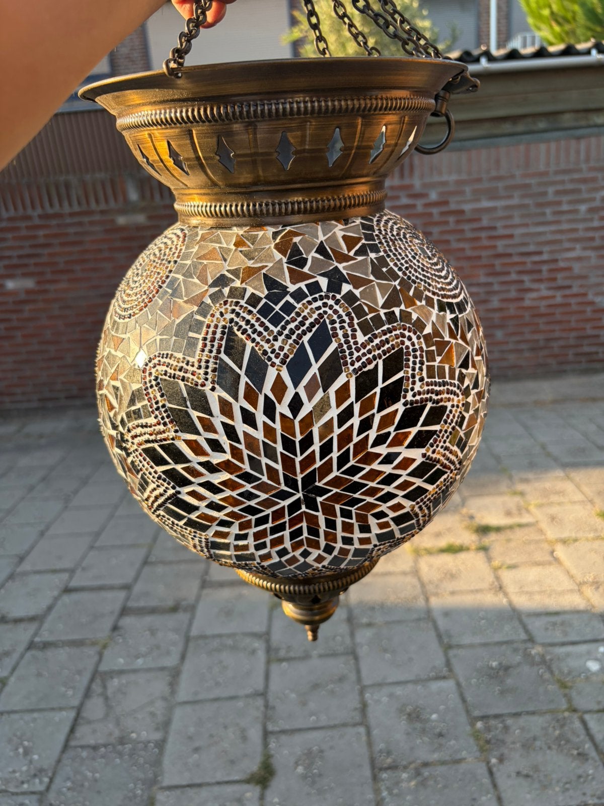 Mozaïek met koperen hang lamp voor kaars, Ophalen, Zo goed als nieuw