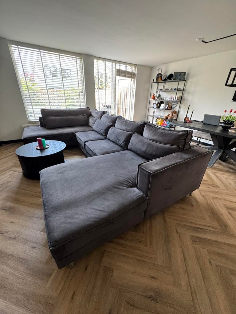 Antraciet hoek-/loungebank - In goede staat, Huis en Inrichting, Ophalen, Gebruikt, Stof