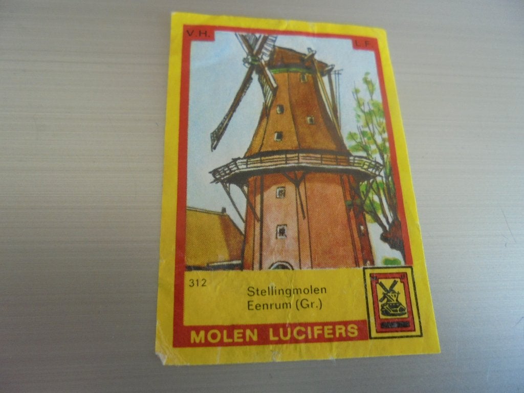 Oud lucifermerk Stellingmolen in Eenrum Groningen, Verzamelen, Ophalen of Verzenden, Zo goed als nieuw, Sigarenbandjes