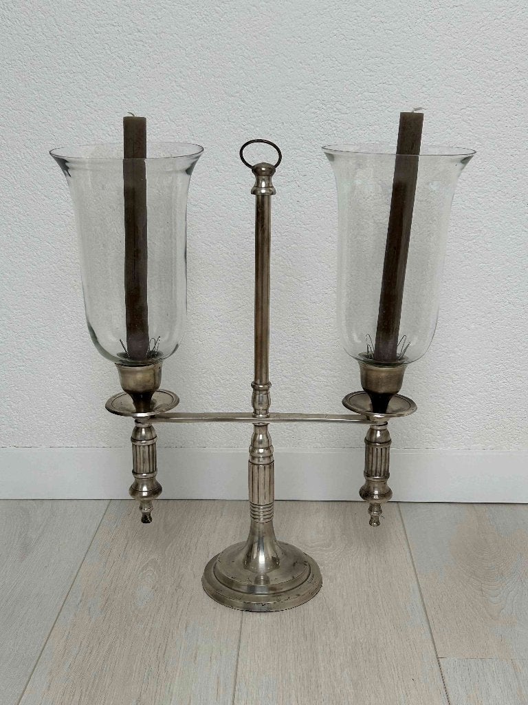 windlicht kaarsenstandaard met dubbele arm glas/metaal., Ophalen, Gebruikt, Overige materialen