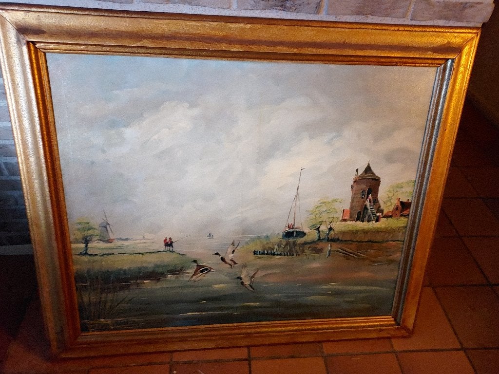 Schilderij waterlandschap met zeilboten, molen en toren., Antiek en Kunst, Ophalen, Nederlandse school, Doek, Landschap