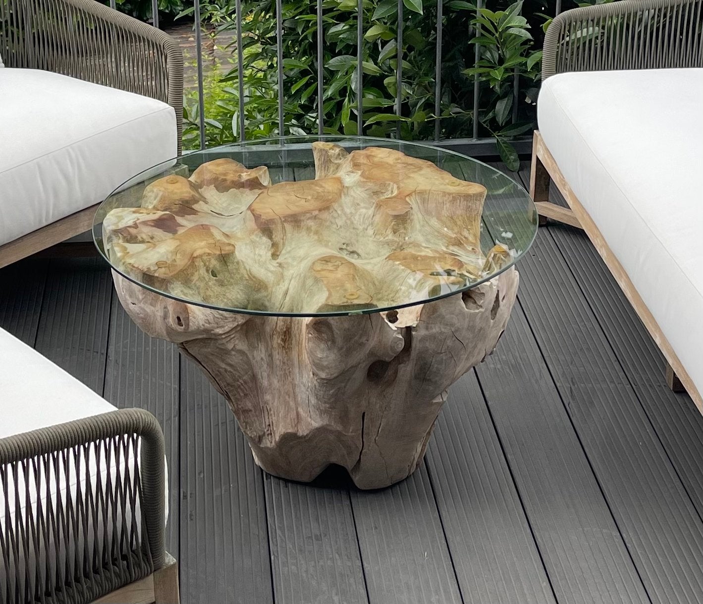 Unieke Boomstronk Salontafel / Tuintafel met Glasplaat, Huis en Inrichting, Ophalen, 50 tot 100 cm, Rond, 50 tot 100 cm