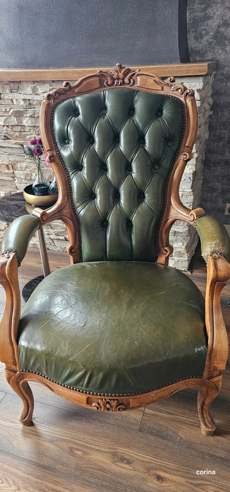 Vintage Lodewijk XV Fauteuil - Groen Gecapitonneerd Leer, Ophalen