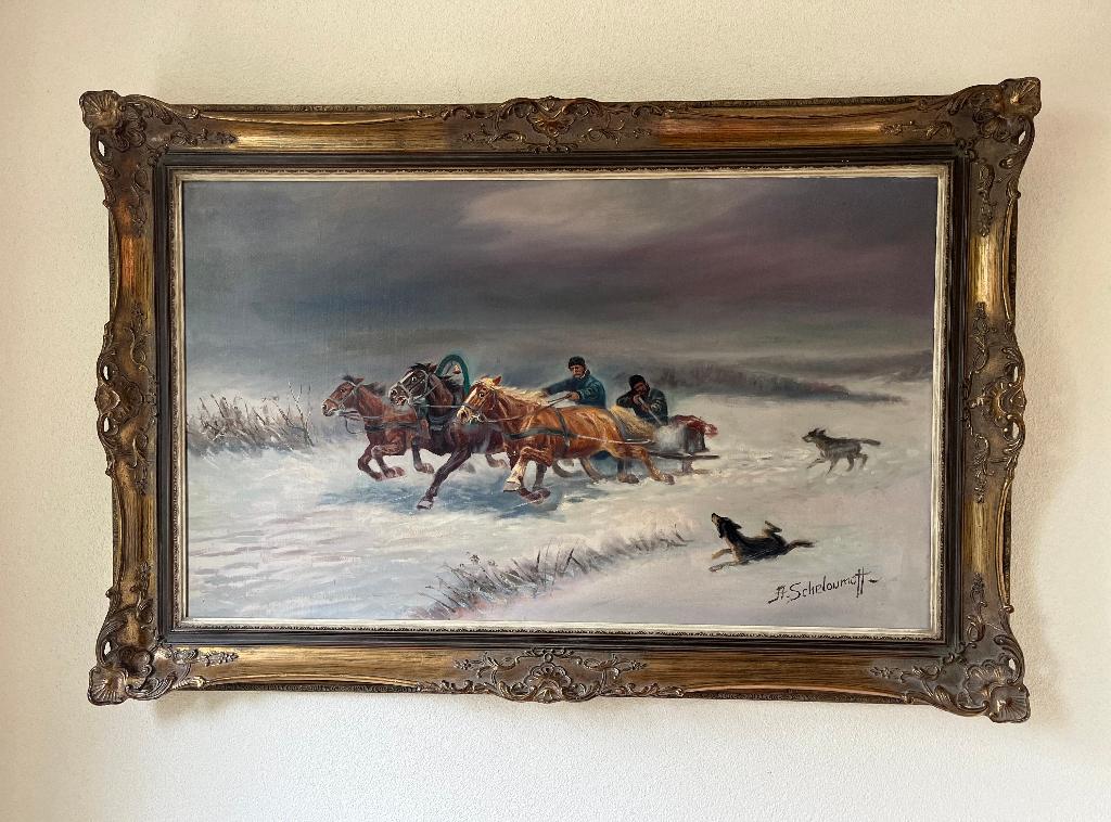 Schilderij wolven aanval van A Scheloumoff., Antiek en Kunst, Ophalen
