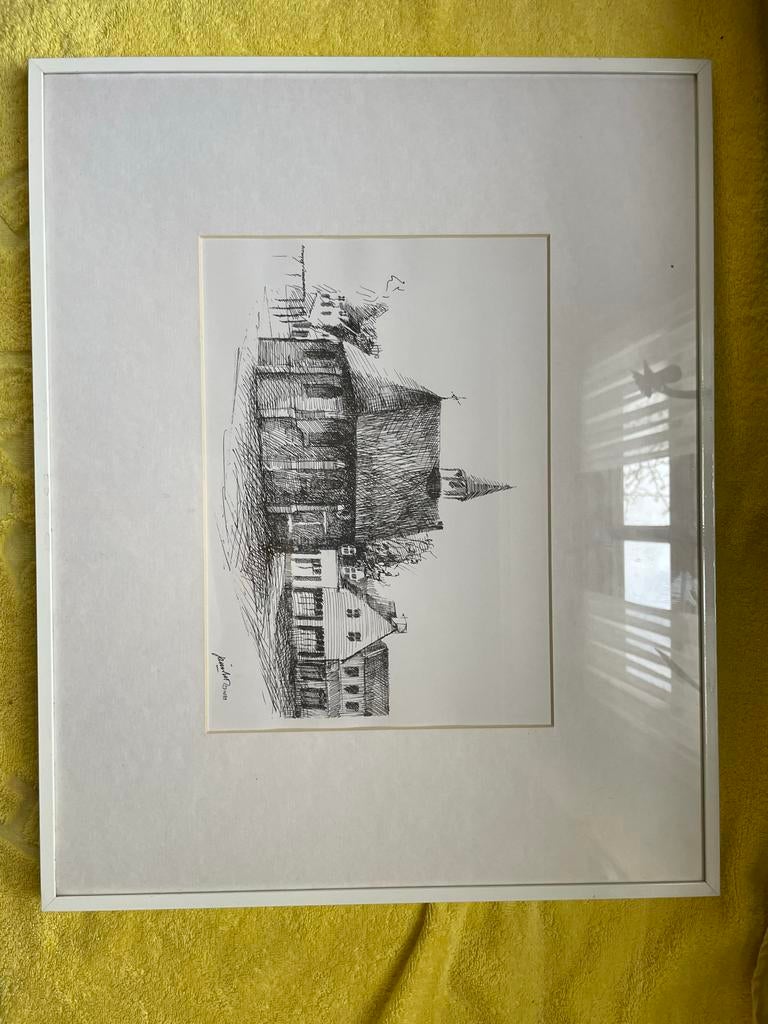 Pentekening Historische Kerk - Ingelijst Kunstwerk, Antiek en Kunst, Ophalen of Verzenden