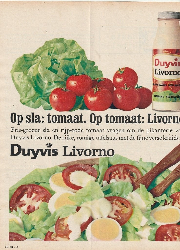 Retro reclame 1966 Duyvis Livorno saus op sla & tomaat, Verzamelen, Retro, Verzenden, Overige typen
