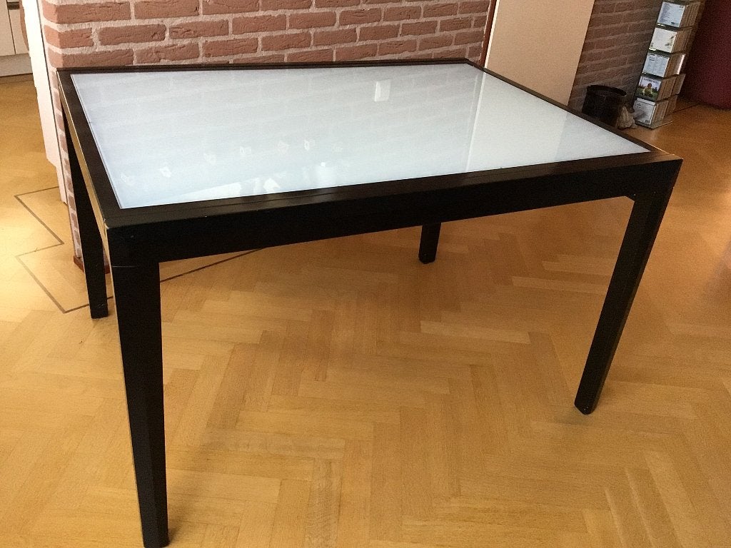 Uitschuifbare hout/glazen eettafel (92x123/246 cm), Ophalen, Gebruikt, 200 cm of meer, 50 tot 100 cm