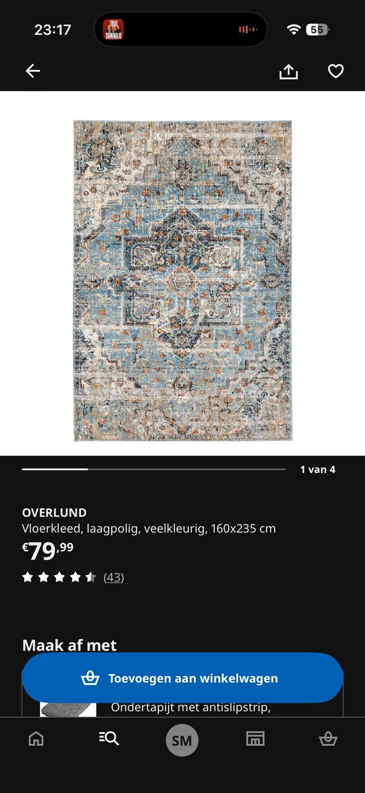 Vloerkleed 160x235 ikea overlund, Ophalen, 150 tot 200 cm, 200 cm of meer, Zo goed als nieuw