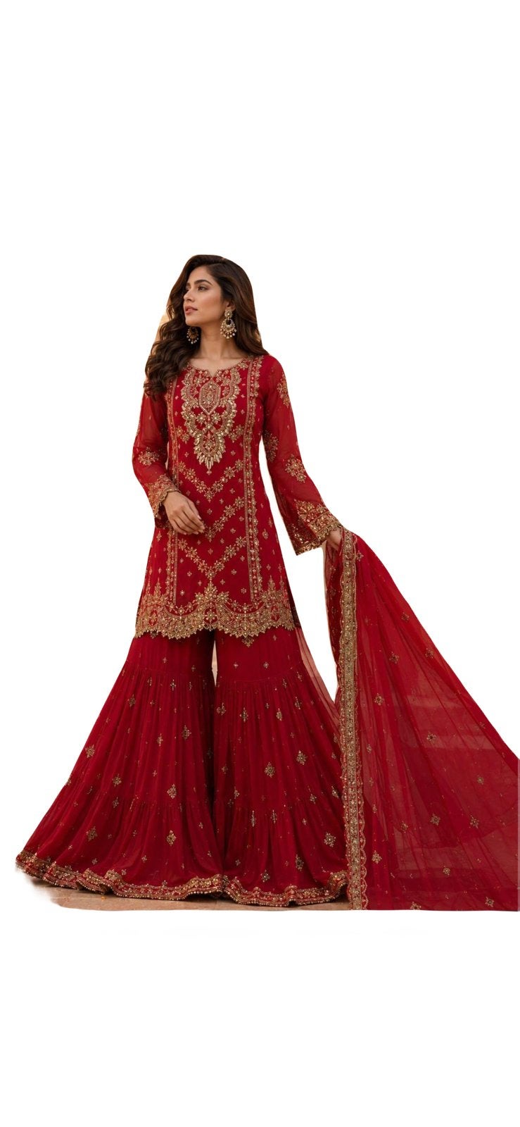 Pakistaans designer rood dupatta pak, Kleding | Dames, Jurken, Ophalen of Verzenden, Zo goed als nieuw, Maat 46/48 (XL) of groter