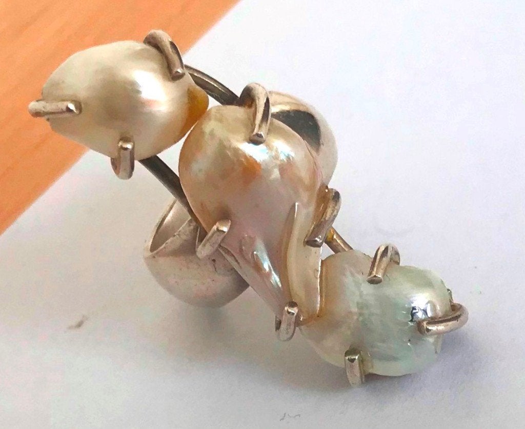 Bijzondere prachtige 925 Zilveren ring 3 grote zee parel, Sieraden, Tassen en Uiterlijk, Ophalen, Zilver, Ring, Met edelsteen