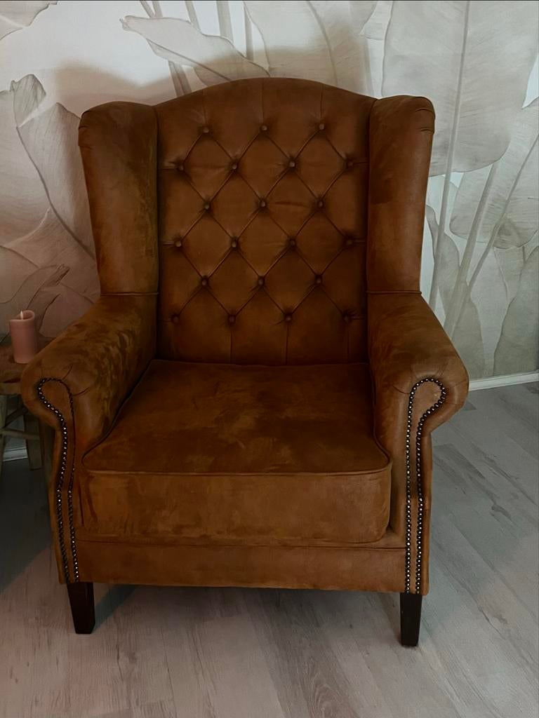 Chesterfield look fauteuil – Cognac, Ophalen, Gebruikt, Leer, 75 tot 100 cm