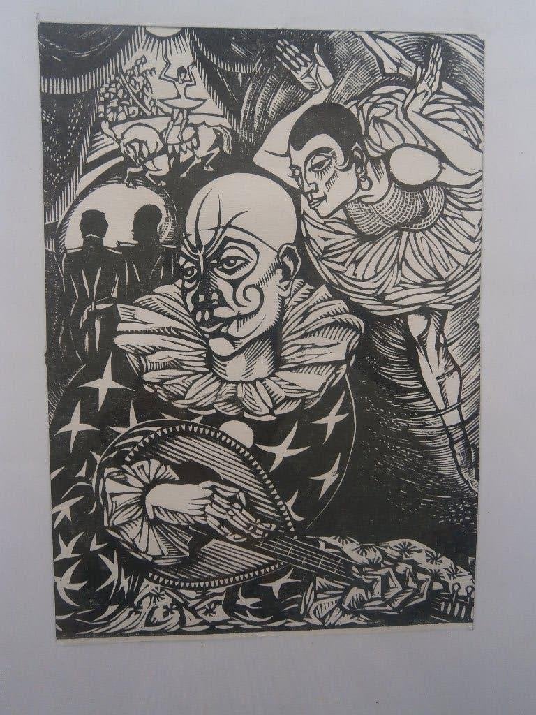 FOKKO MEES, (P>:Scheen) Houtgrav "" DE Verliefde Clown "", Ophalen of Verzenden