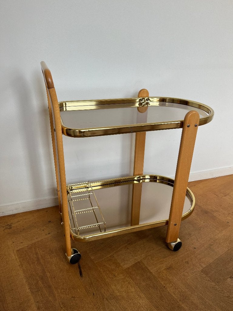 Vintage gouden bar cart / serveerwagen met hout, Huis en Inrichting, Ophalen, Metaal of Aluminium, Vintage, 55 tot 75 cm