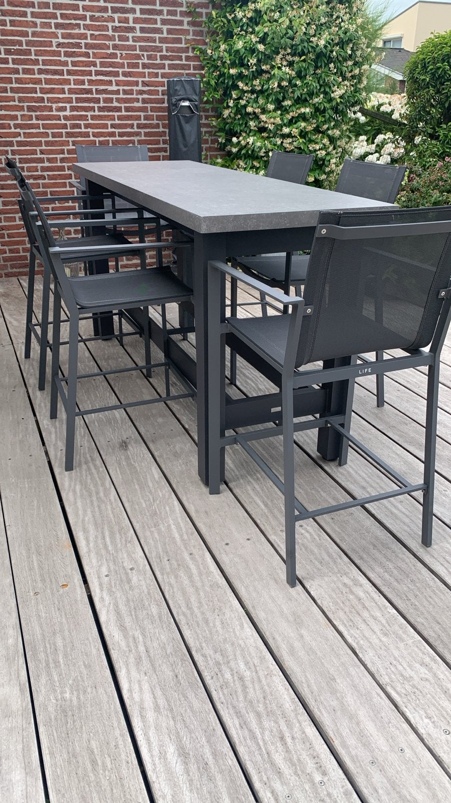 Life Bartafel met 6 stoelen - 2.10x0.70m, hoogte 1m, Ophalen, Overige materialen, Eettafel, 6 zitplaatsen