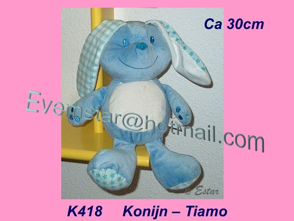 K418 Konijn Tiamo blauw velours konijntje (30cm), Ophalen, Zo goed als nieuw, Konijn, Tiamo